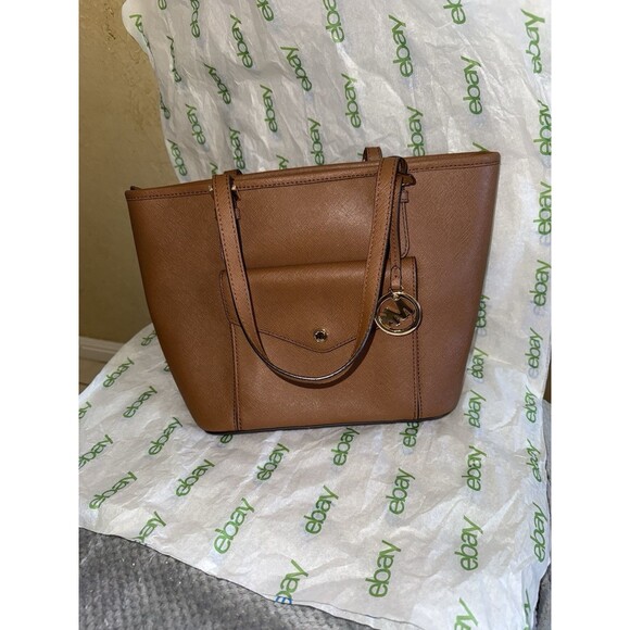Michael Kors Jet Set Brown Saffiano Leather Multifunction Tote Bag W/ Pockets - Picture 1 of 11